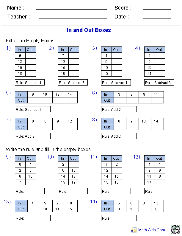 In and Out Boxes Math Worksheets