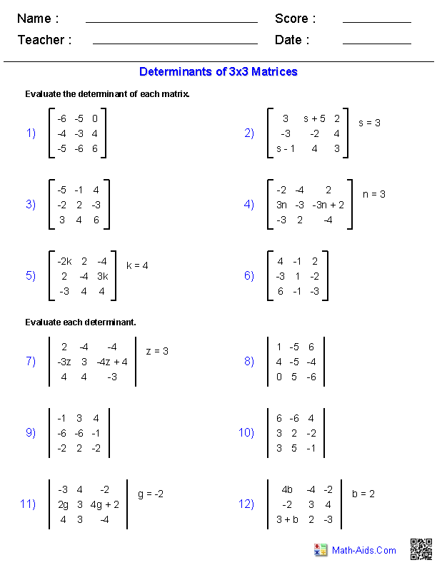 Determinants of 3x3's Matrices Worksheets