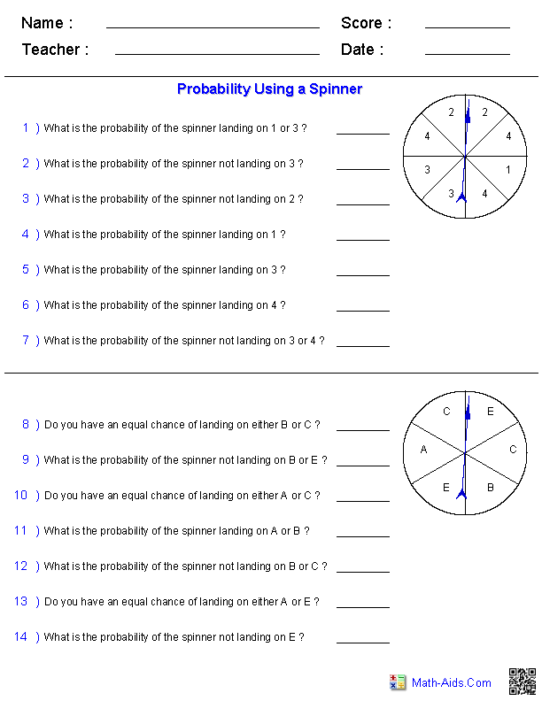 Spinner Event Probabilities Probability Worksheets