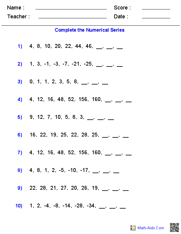 Complete Numerical Series Patterns Worksheets