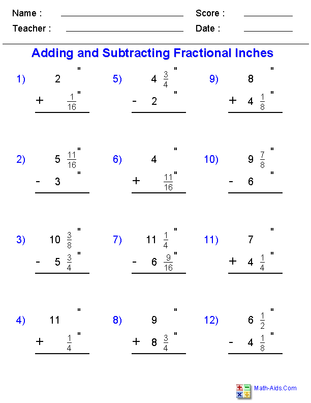 Adding and Subtracting Fractional Inches Borrowing Worksheets