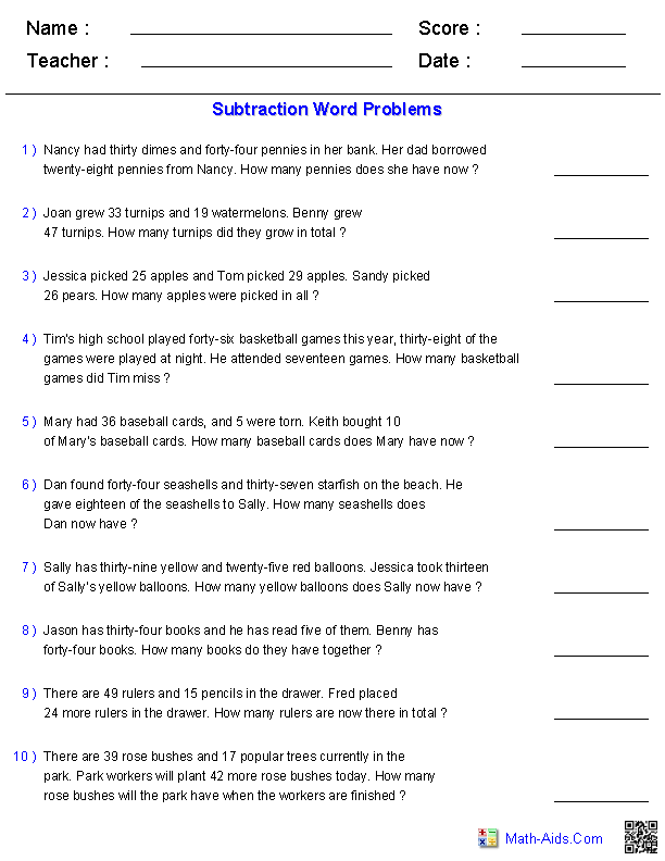 Addition And Subtraction Word Problems Worksheets Math Aids