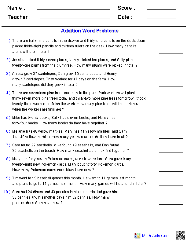 Addition Word Problems Worksheets