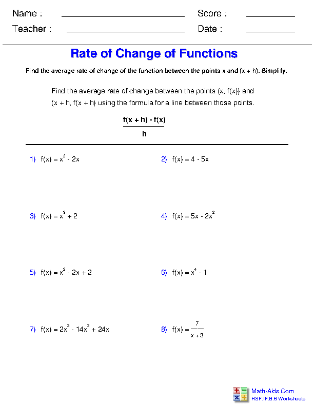 Average Rate of Change Functions Worksheets