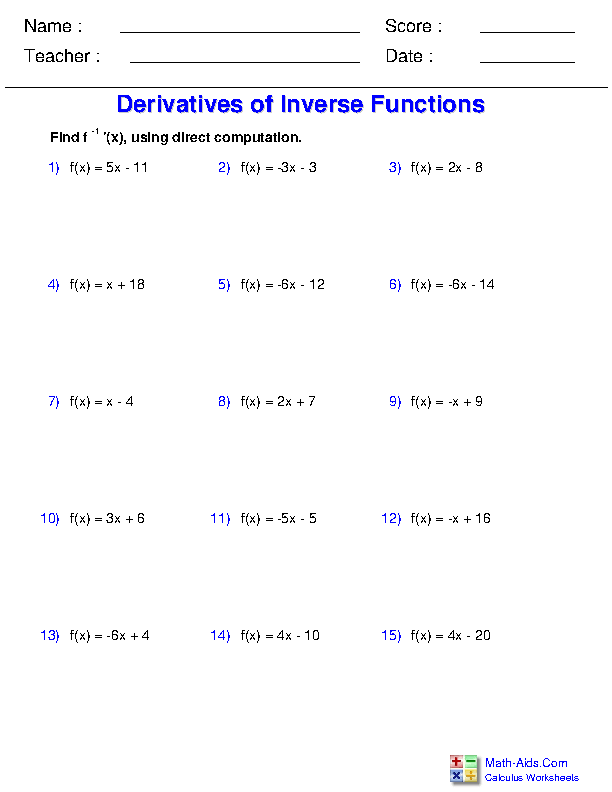 Derivatives of Inverse Functions Differentiation Rules Worksheets
