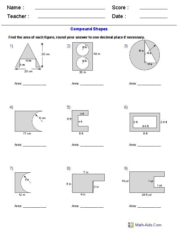 Compound Shapes - Sub Geometry Worksheets