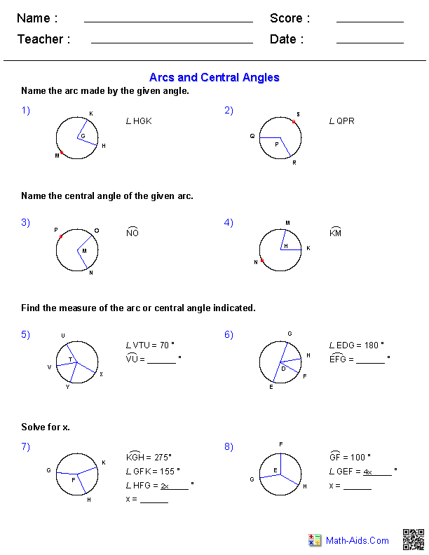 Arcs and Central Angles Geometry Worksheets