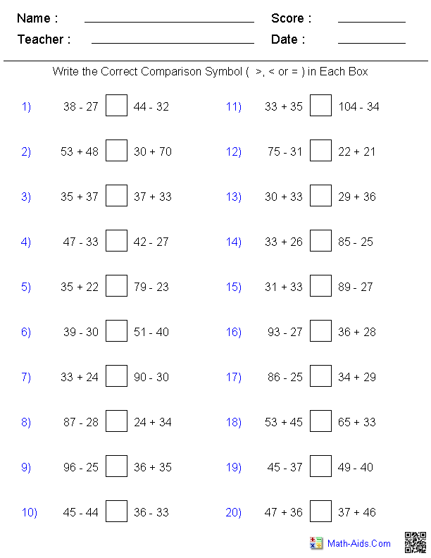 Comparing Mixed Problems Worksheets