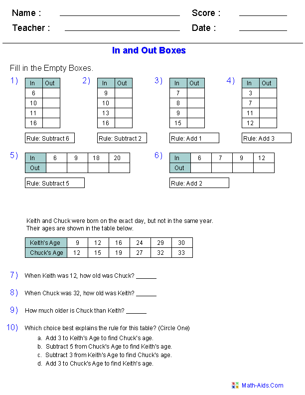 In and Out Boxes Word Problems In and Out Boxes Worksheets