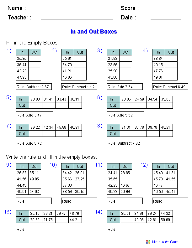 In and Out Boxes Add and Subtract Using Decimal Numbers