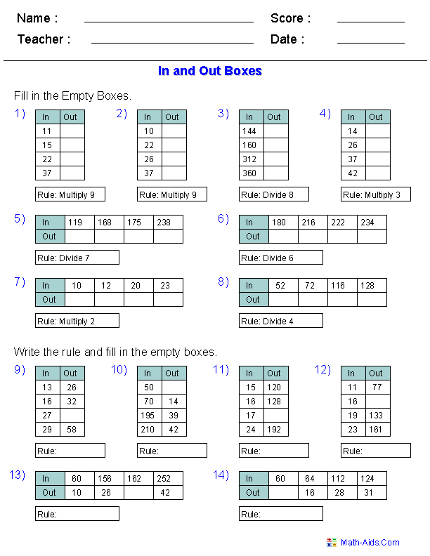 In and Out Boxes Multiply and Divide Function Tables