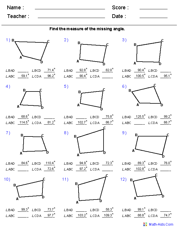 Quadrilateral Angles Geometry Worksheets