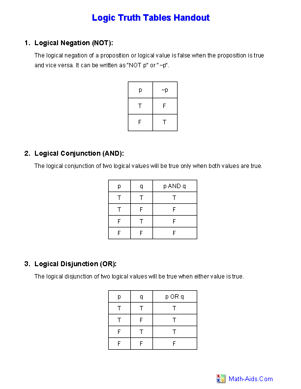 Truth Table Handout Logic Worksheets