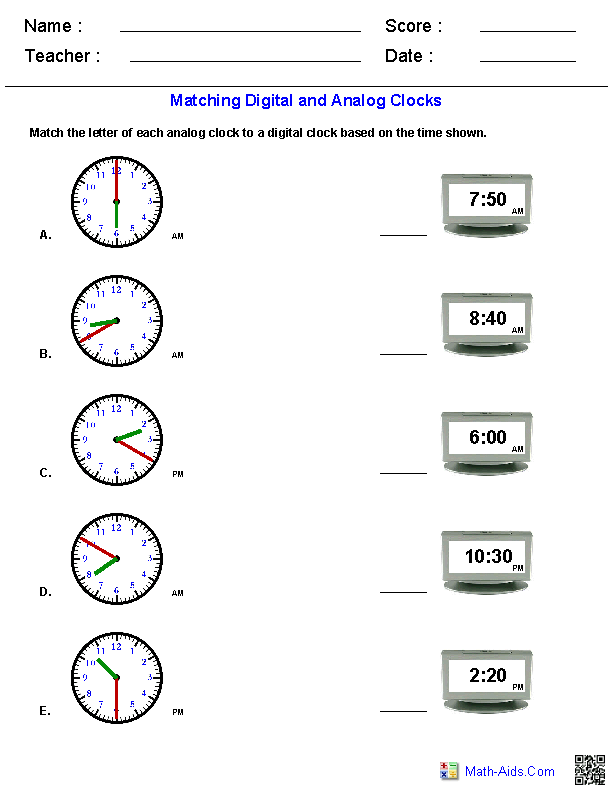 Matching Analog & Digital Clocks Time Worksheets