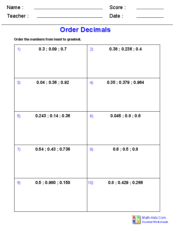 Ordering Decimal Numbers Worksheets