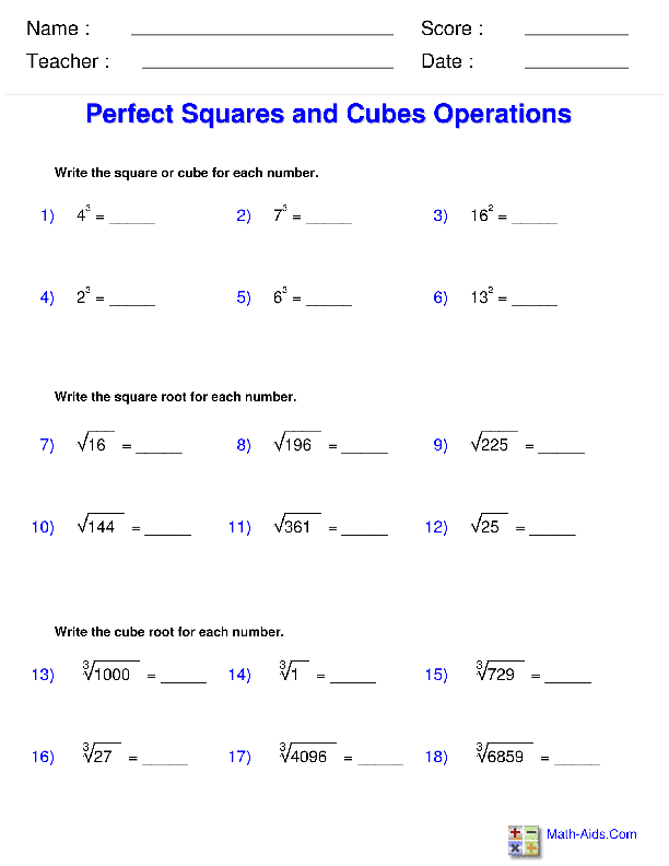 Operations with Perfect Squares & Cubes Exponents & Radicals Worksheets
