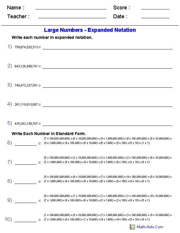 Expanded Notation Billions Place Value Worksheets