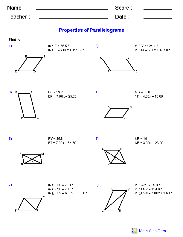 Parallelograms Geometry Worksheets