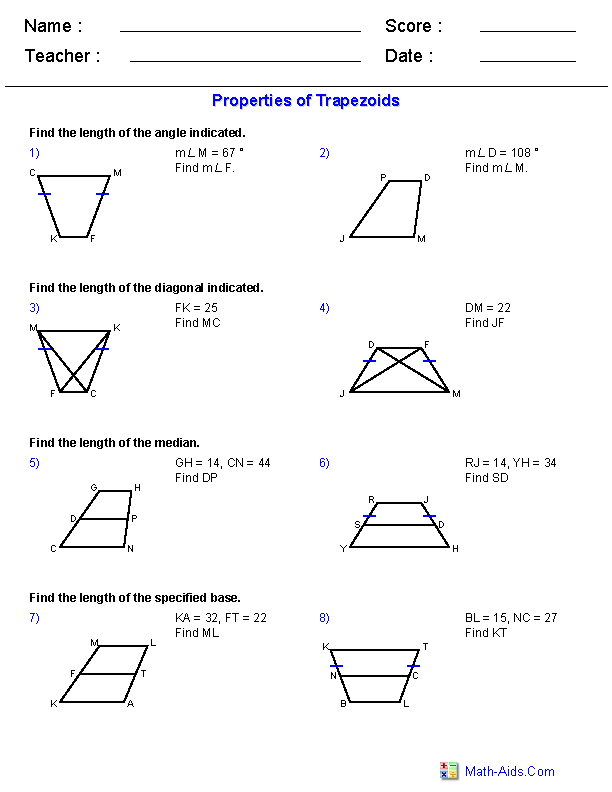 Trapezoid Properties Geometry Worksheets