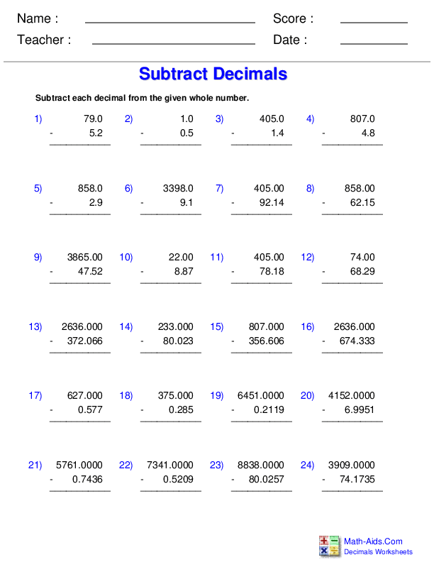 Subtract Decimals From Whole Numbers Worksheets