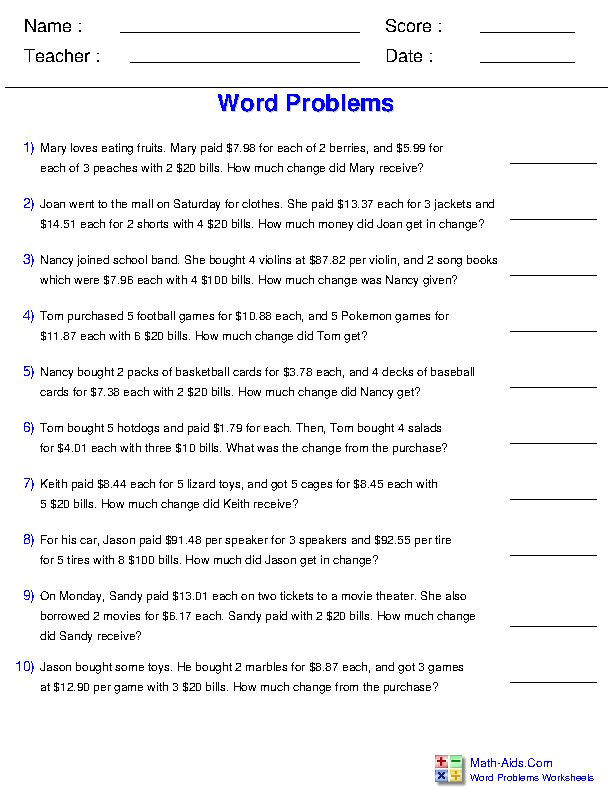 Change from a Purchase Multiplication Word Problems Worksheets