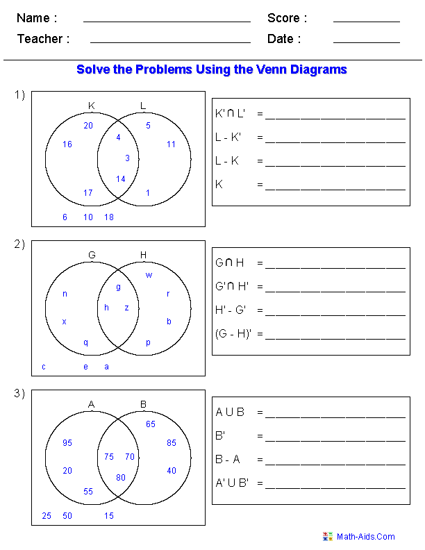 Set Notation Using Two Sets Venn Diagram Worksheets