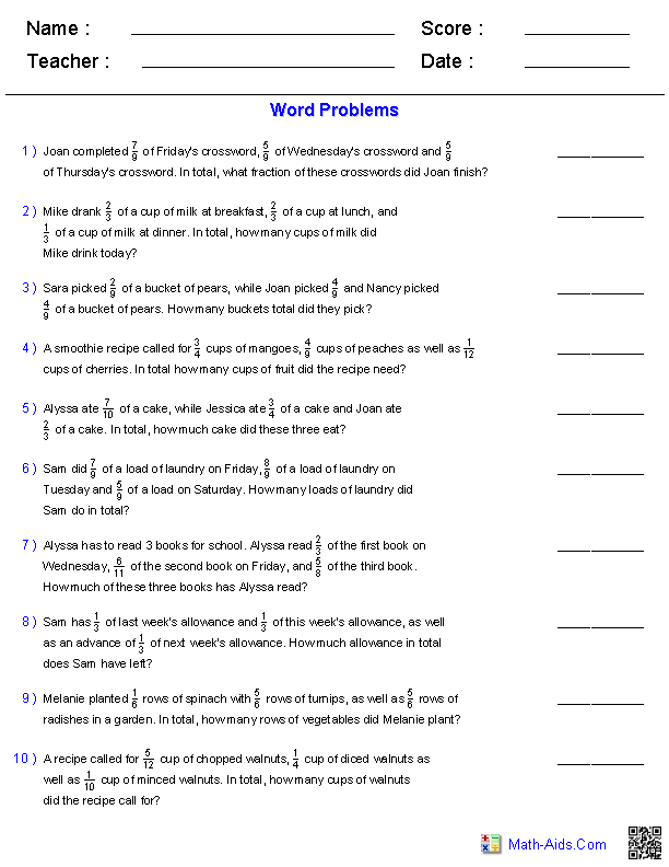 6th Grade Math Fraction Word Problems Worksheets