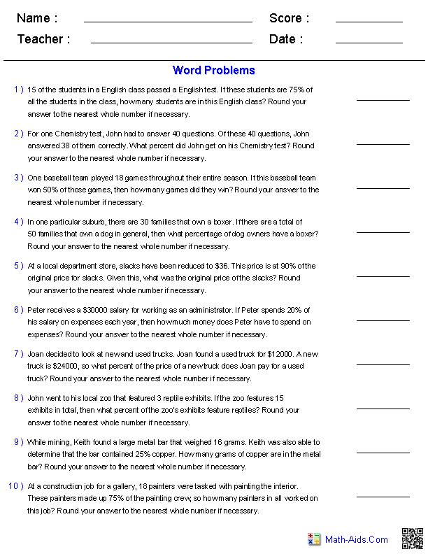 Percentage Word Problems 7th Grade Worksheets
