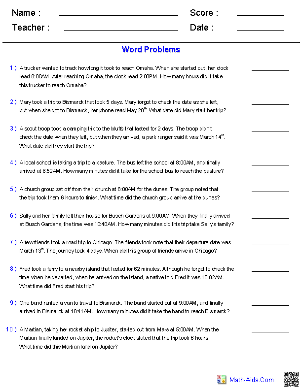Travel Time Word Problems Worksheets