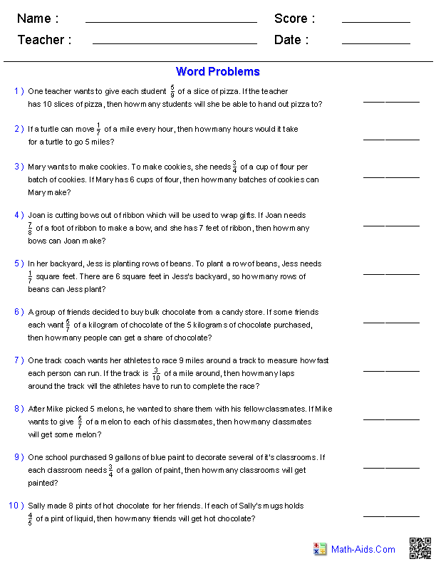 Word Problem Multiplication Fractions Worksheets