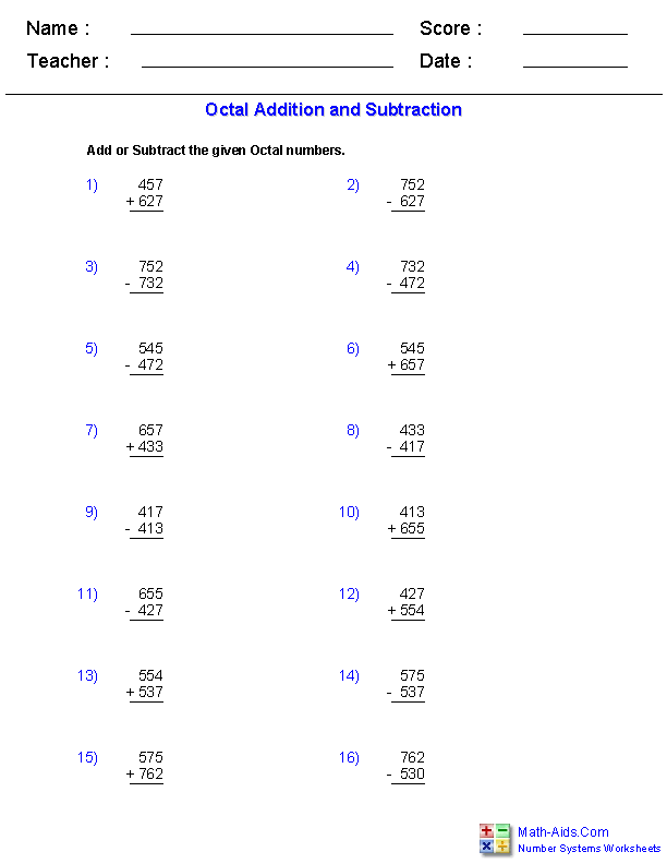 Adding & Subtracting Octals Number Systems Worksheets