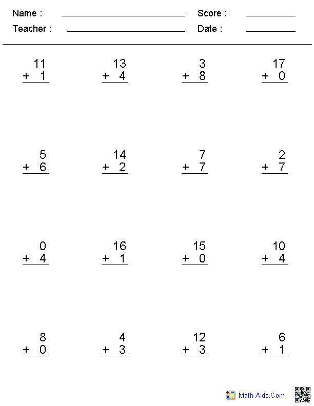 Addition Worksheets Sums Up To 20