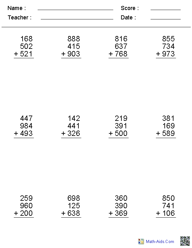 Math Aids Addition Worksheets