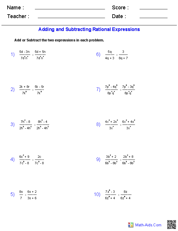 Adding & Subtracting Rationals Rational Expressions Worksheets