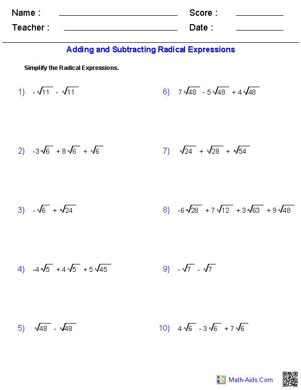 Adding Subtracting And Multiplying Radical Expressions Worksheet