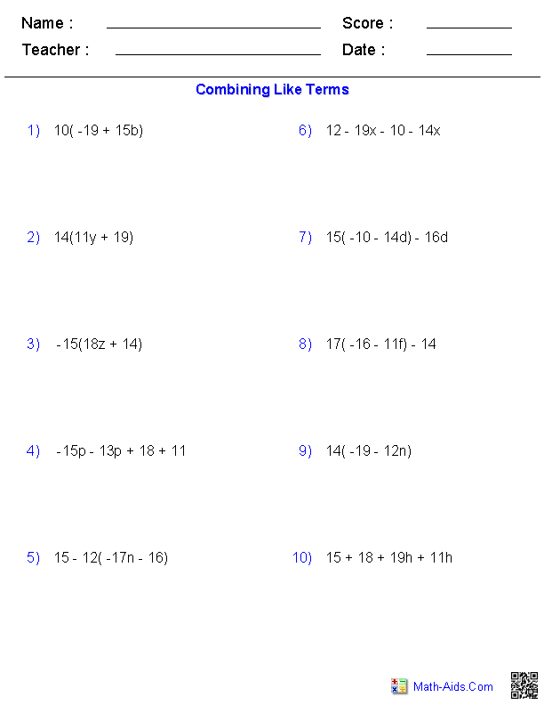 Combining Like Terms Algebra 1 Worksheets