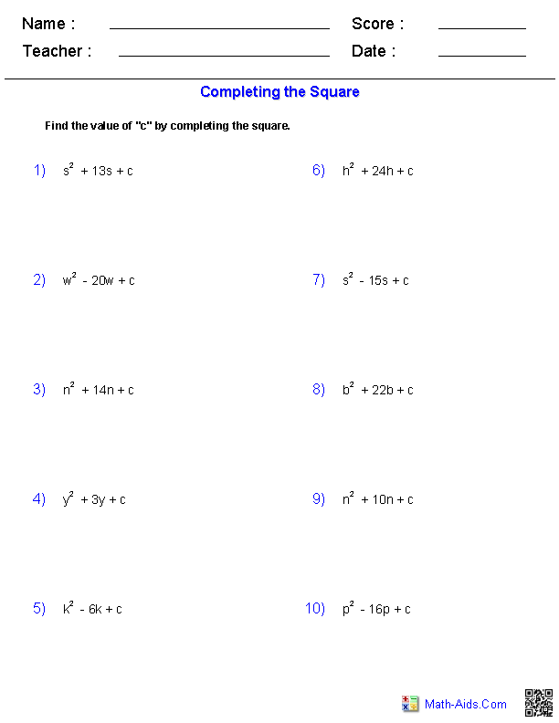 Quadratic Equation Worksheet With Answers
