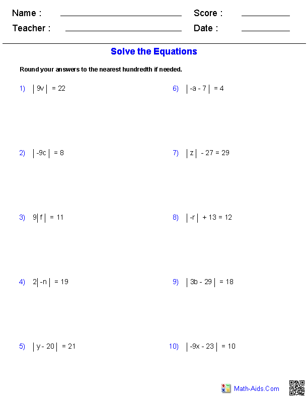 Algebra 1 Worksheets Equations Worksheets
