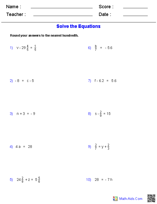 One Step Equations All Number Types Equations Worksheets