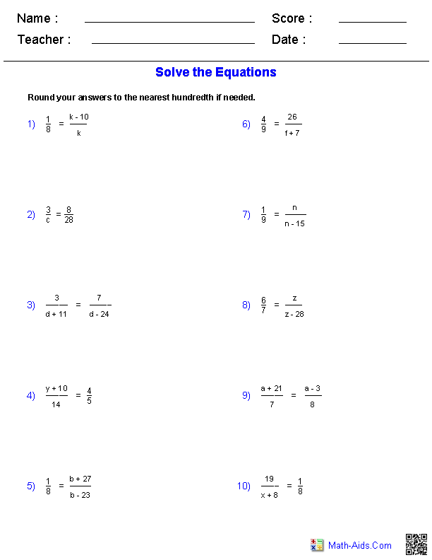 Solving Proportions Equations Worksheets