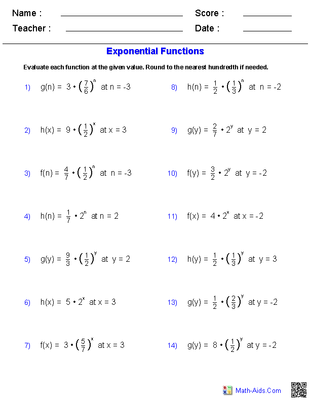 Evaluating Exponential Functions Exponents & Radicals Worksheets