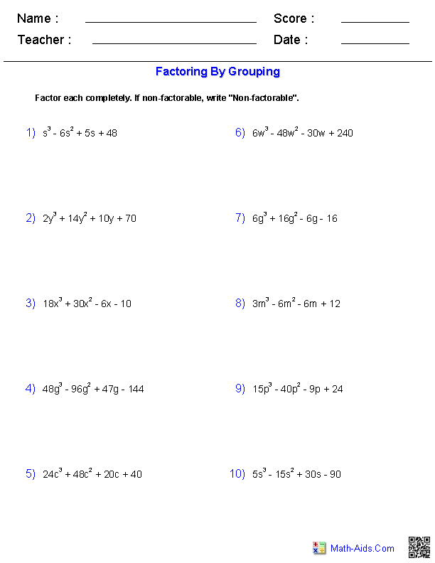 Factoring by Grouping Polynomials Worksheets