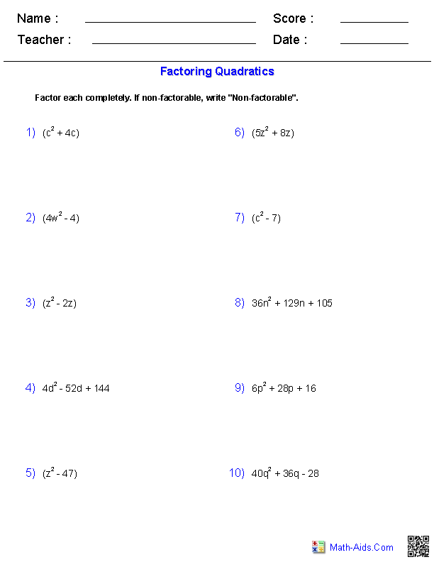 Factoring Quadratic Form Polynomials Worksheets