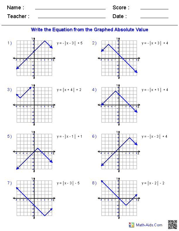 Graphing Absolute Value Functions Linear Equations Worksheets