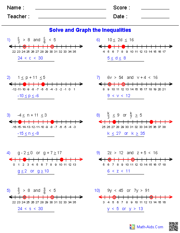 Compound Inequalities Equations Worksheets