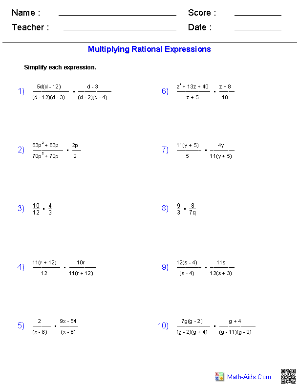 Algebra 1 Worksheets | Rational Expressions Worksheets