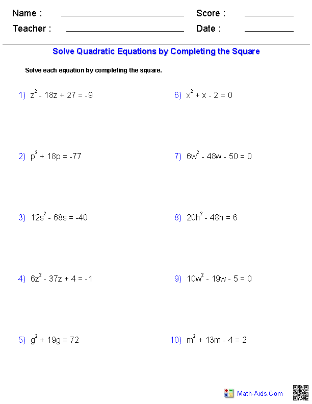 Algebra 1 Worksheets Quadratic Functions Worksheets