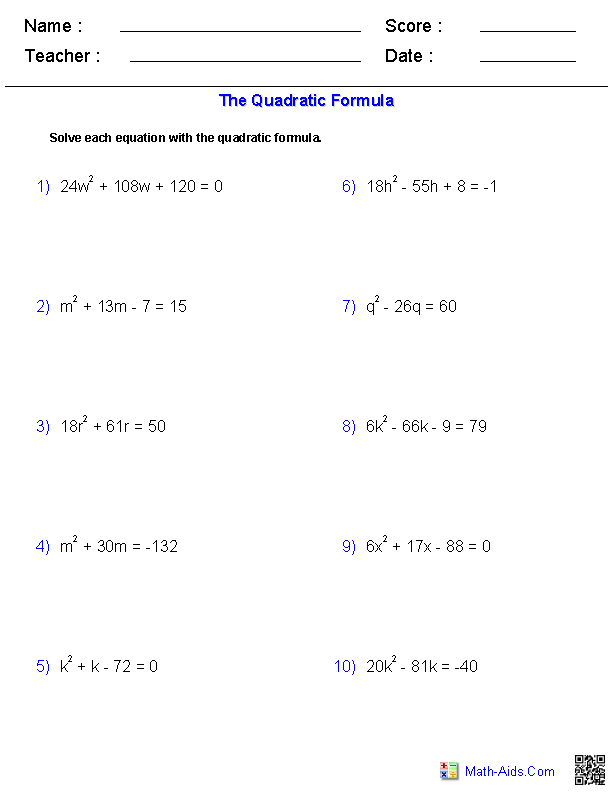 Solving with the Quadratic Formula Quadratic Functions Worksheets