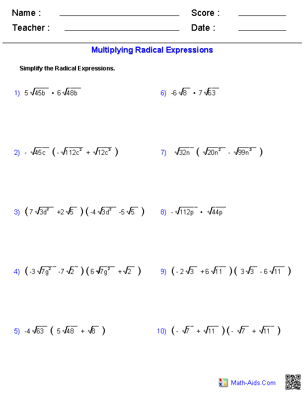 Algebra 1 Multipling Radicals Worksheet