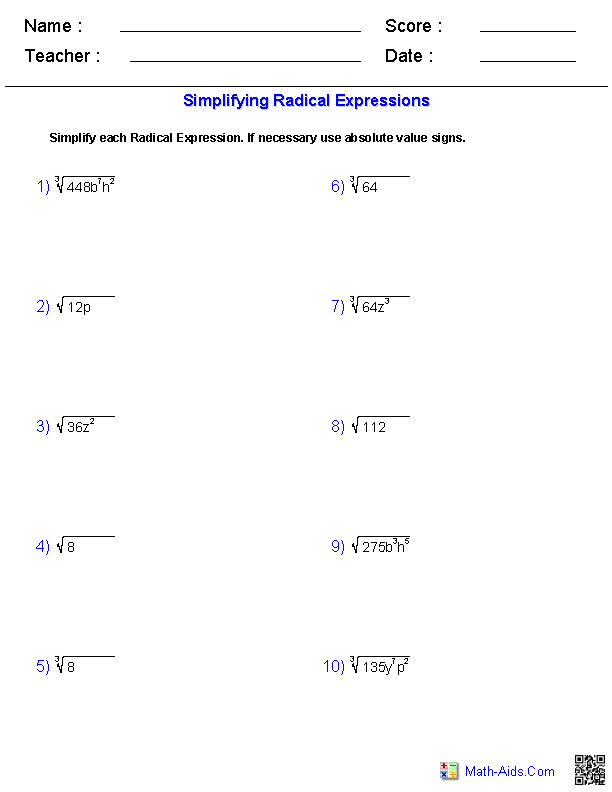 Radicals To Complex Numbers Worksheet